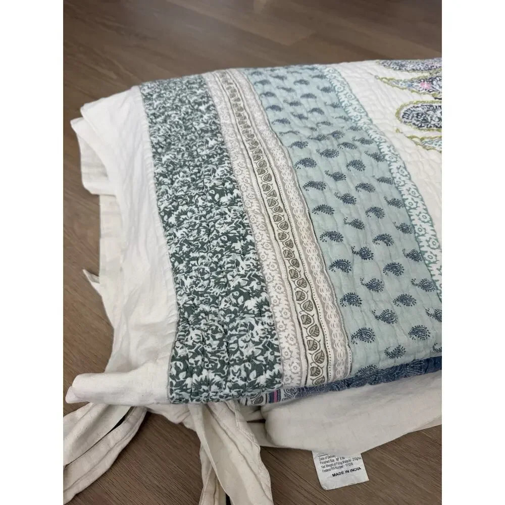 Vtg Soft Surroundings Paisley Stripe QUEEN Quilt Oatmeal/blue Cotton Linen Blend